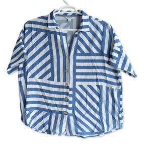 Tru Luxe Jeans Shirt Womens L Blue White Striped Button Down Short Sleeve Cotton
